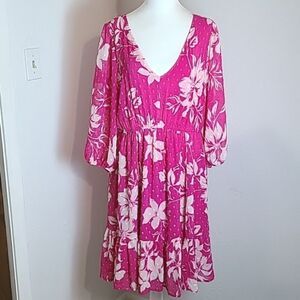 Torrid Pink & White Floral Dress with Clip-dots & Ruffle Bottom, Sz 0, Large, 12